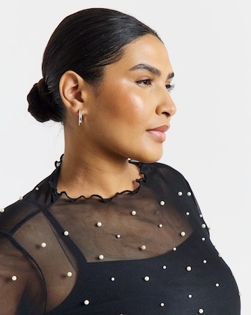 Simply Be Black Long Sleeve Mesh Pearl Embellished Top