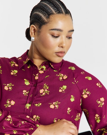 Simply Be Ditsy Print Long Sleeve Godet Shirt Dress