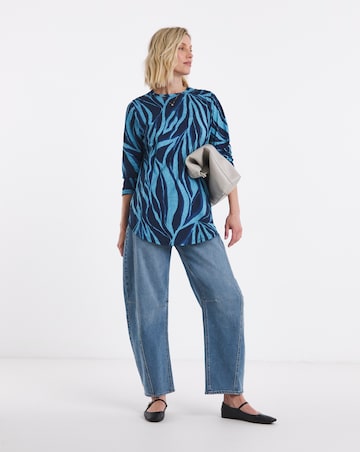 Blue Printed Longline Curved Hem 3/4 Sleeve
