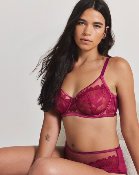 Pretty Secrets Leaf Lace Underwired Balcony Bra (B-F) Berry