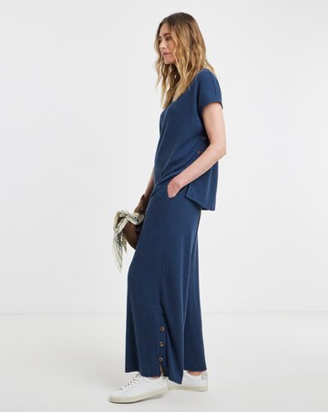 Navy Ribbed Button Side Wide Leg Jogger
