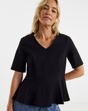 Black V-Neck Peplum Short Sleeve Top