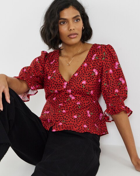Simply Be Red Cherry Print Shirred Sleeve Tea Blouse