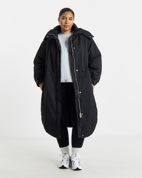 Black Fleece Lined Adjustable Waist Padded Parka