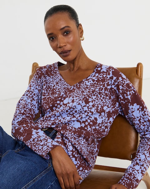 Floral Print Long Sleeve Slouch V-Neck Longline Top