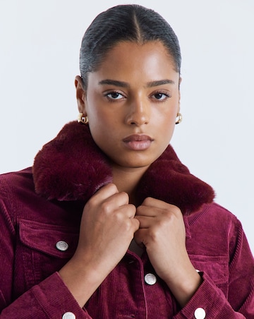 Burgundy Detachable Faux Fur Collar Cord Jacket
