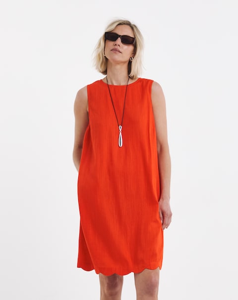Orange Linen Shift Dress with Scallop Hem
