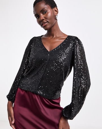 Black Sequin Long Sleeve Button Through