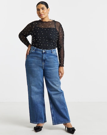 Simply Be Black Long Sleeve Mesh Pearl Embellished Top