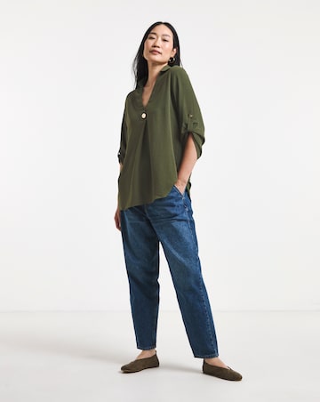 Olive Green Button Detail Collar Popover Top