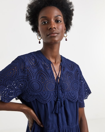 Crinkle Broderie Trim Smock Dress