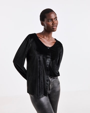 Black Velvet Button Front Long Sleeve Top