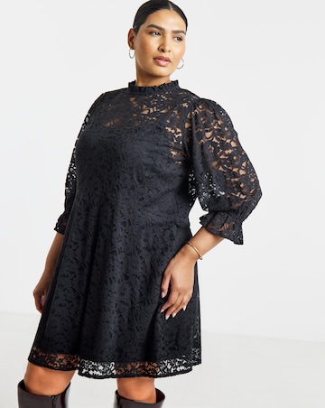 Simply Be Black Lace Exaggerated Sleeve Skater Dress