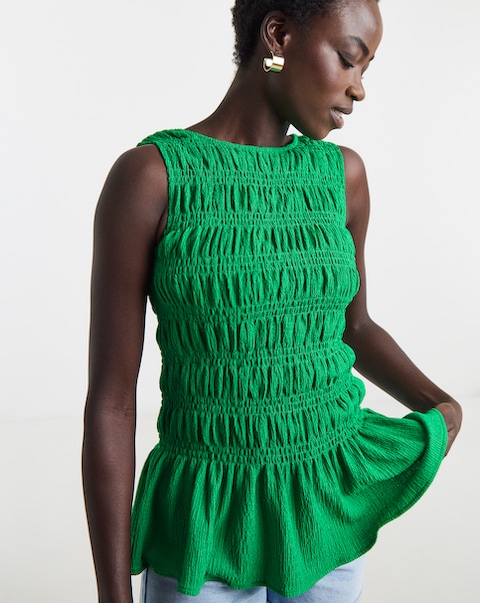 Green Shirred Sleeveless Top