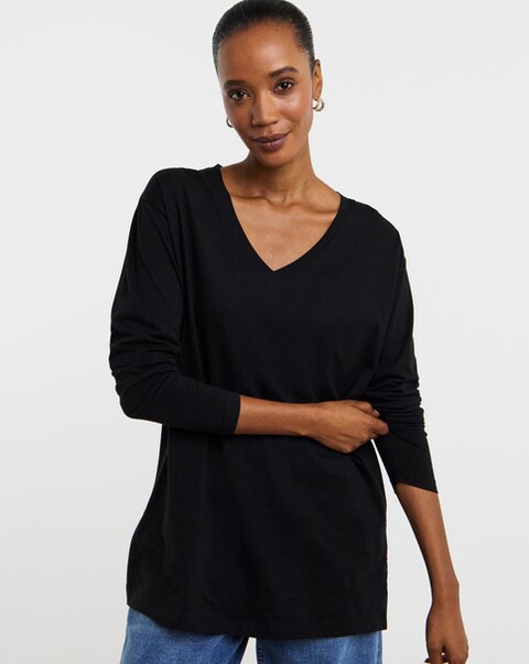 Black Long Sleeve Slouch V-Neck Longline Top