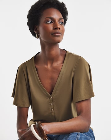 Khaki Button Front Frill Sleeve Top