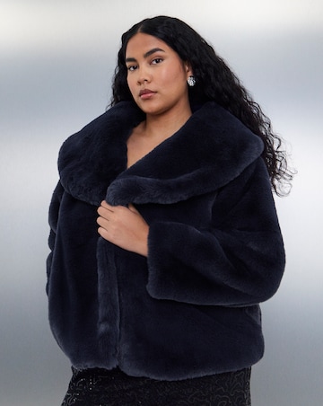 Navy Shawl Collar Plush Faux Fur Coat