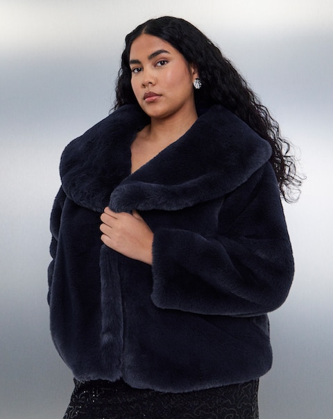 Navy Shawl Collar Plush Faux Fur Coat