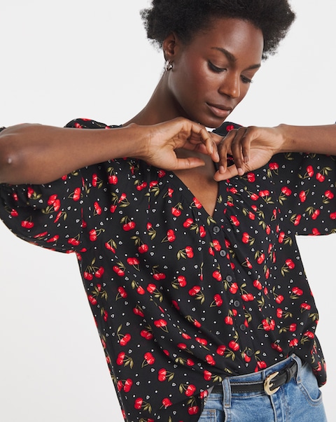 Cherry Print Collarless Button Through Blouse