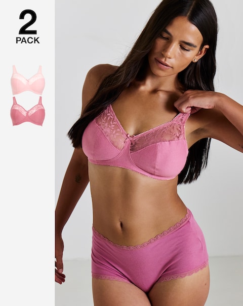 Pretty Secrets (2 Pack) Cotton Lace Non Wired Full Cup Bras (B-G) Pink Multi