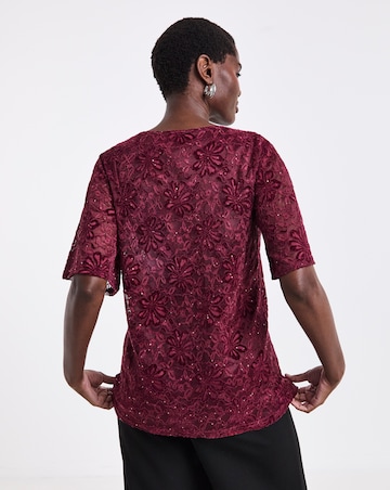Plum Glitter Lace V-Neck Angel Sleeve Top