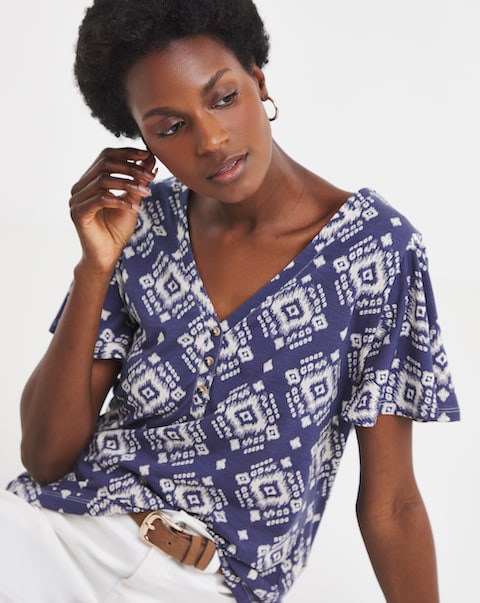 Printed Button Front Frill Sleeve Top