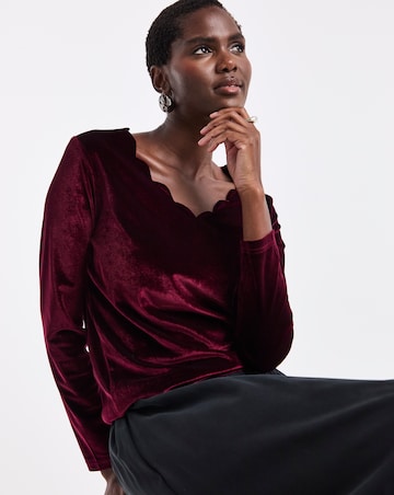 Berry Long Sleeve Scallop V Neck Velvet Top