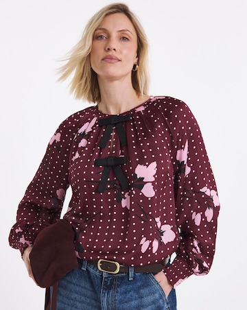 Burgundy Floral Bow Front Satin Blouse
