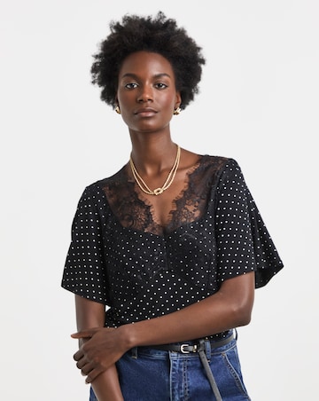 Spot Print Angel Sleeve Lace Trim Top