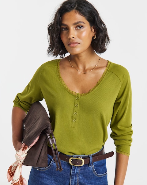 Simply Be Olive Ribbed Lace Long Sleeve Henley Top