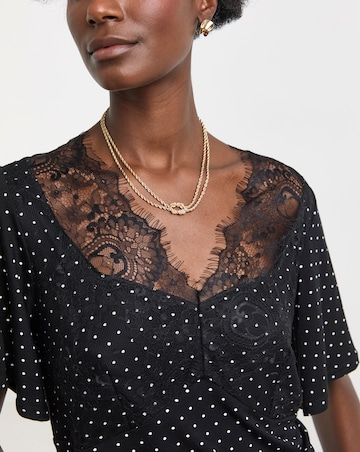 Spot Print Angel Sleeve Lace Trim Top