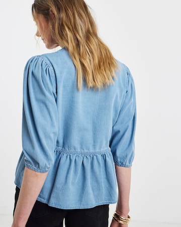 Light Blue Peplum Puff Sleeve Denim Top