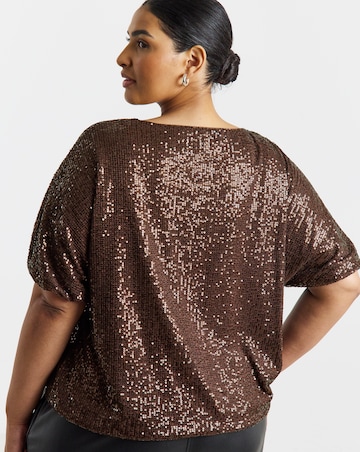 Simply Be Chocolate Sequin Bubble Hem Puff Sleeve Top