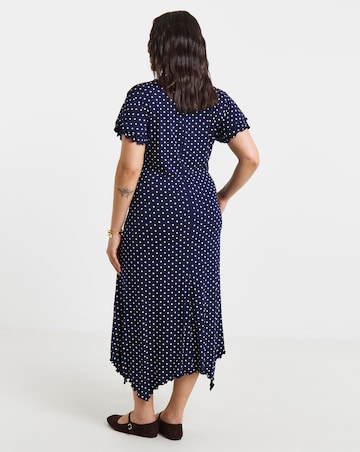 Navy Spot Flutter Sleeve Hanky Hem Midi Dress