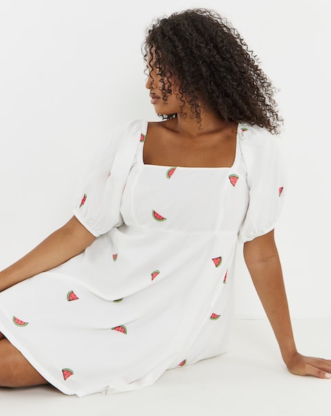 Simply Be White Poplin Embroidered Fruit Skater Dress