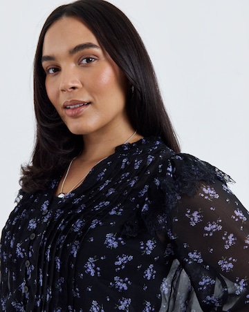 Simply Be Black Ditsy Lace Trim Chiffon Tuxedo Detail Blouse