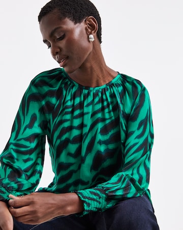 Green Animal Print Satin Raglan Blouse