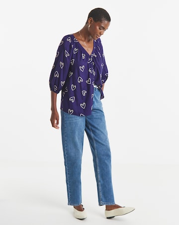 Navy Heart Collarless Button Through Blouse