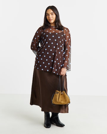 Simply Be Blue And Brown Spot Mesh Long Sleeve Asymmetrical Longline Top