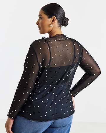 Simply Be Black Long Sleeve Mesh Pearl Embellished Top