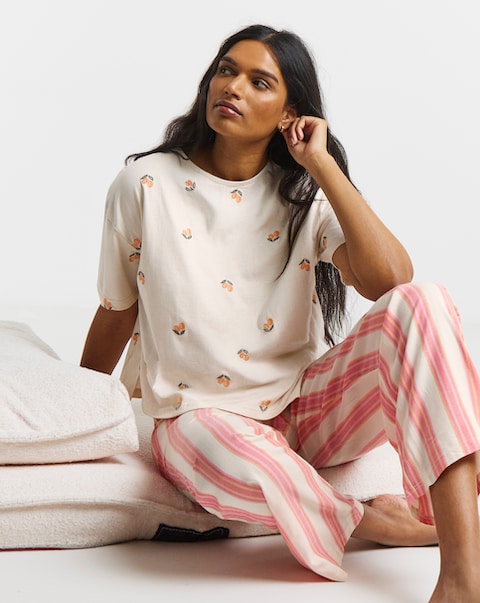 Fruit Embroidery Detail Top And Stripe Print Pyjama Set