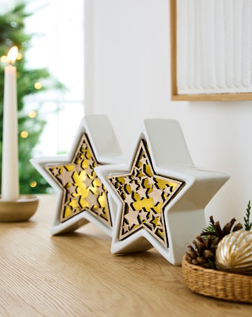 Set of 2 White and Wooden Stars