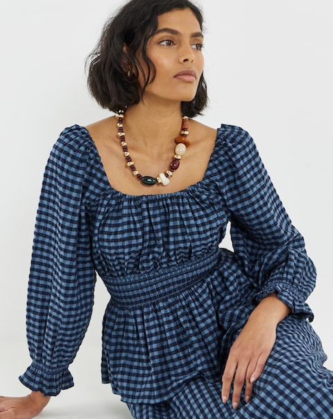 SIMPLY BE GINGHAM SHIRRED WAIST BLOUSE CO-ORD