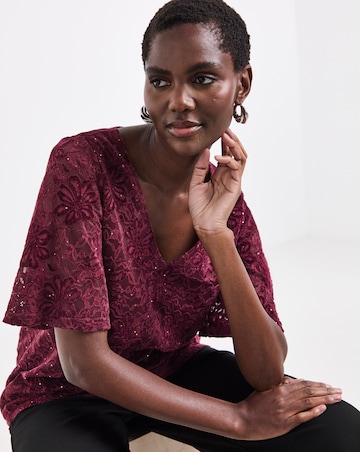 Plum Glitter Lace V-Neck Angel Sleeve Top