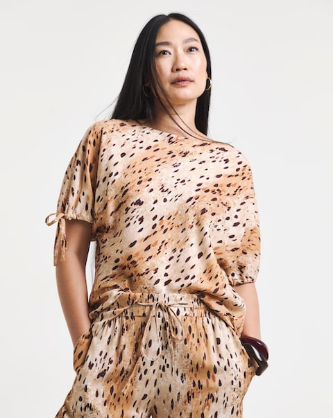 Linen Mix Elasticated Cuff Animal Print Boxy Top
