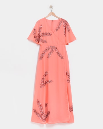 Maya Curve Wrap Front Floral Glitter Embellished Maxi Dress