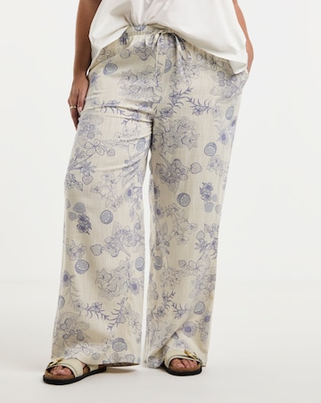Simply Be Ivory Floral Print Tie Waist Linen Mix Wide Leg Trousers