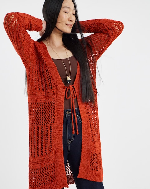 Crochet Detail Tie Front Longline Cardigan - Terracotta