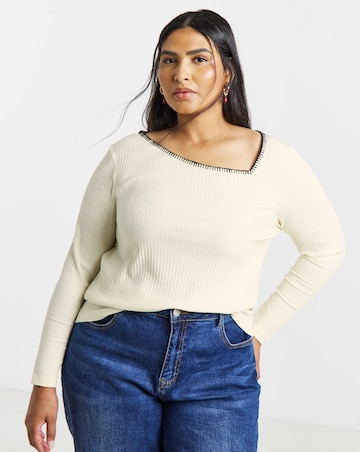 Simply Be Cream Asymmetric Neckline Blanket Stitch Long Sleeve Top