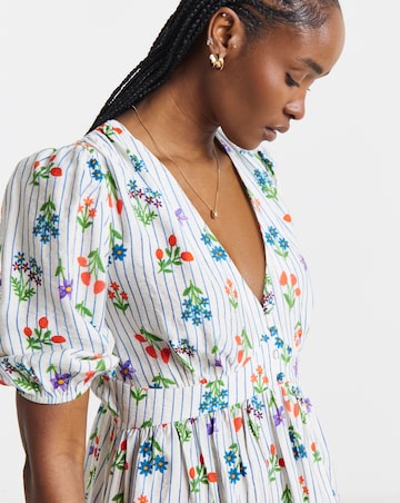 Floral And Stripe Print Waist Detail Midi Dress